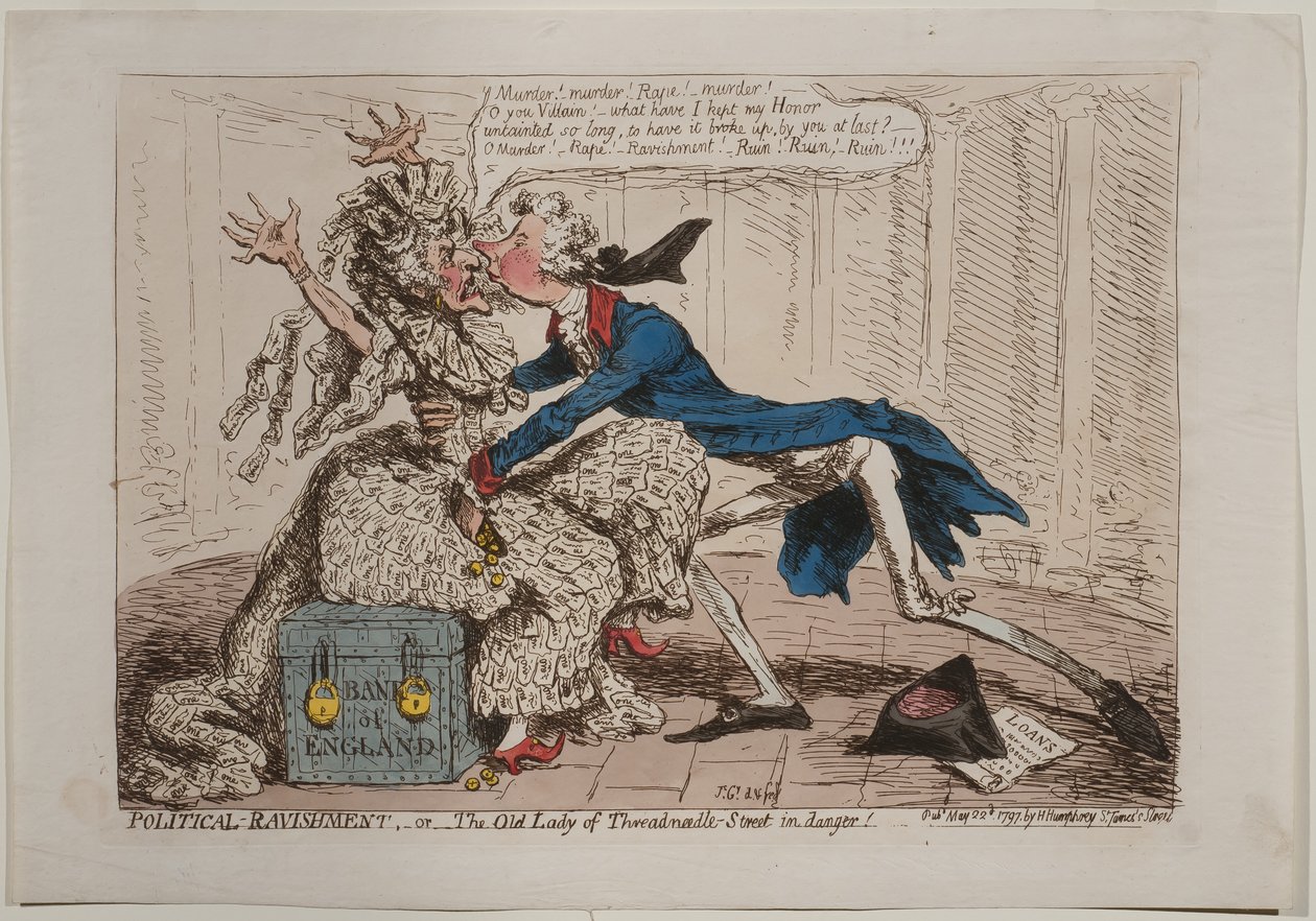 Politieke Verkrachting, of De Oude Dame van Threadneedle Street in gevaar!, gepubliceerd door Hannah Humphrey, 1797 door James Gillray