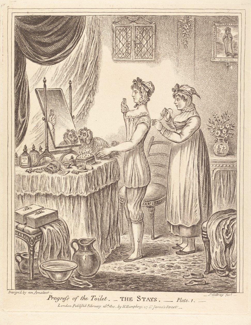 Voortgang van het toilet - Het keurslijf, plaat I door James Gillray