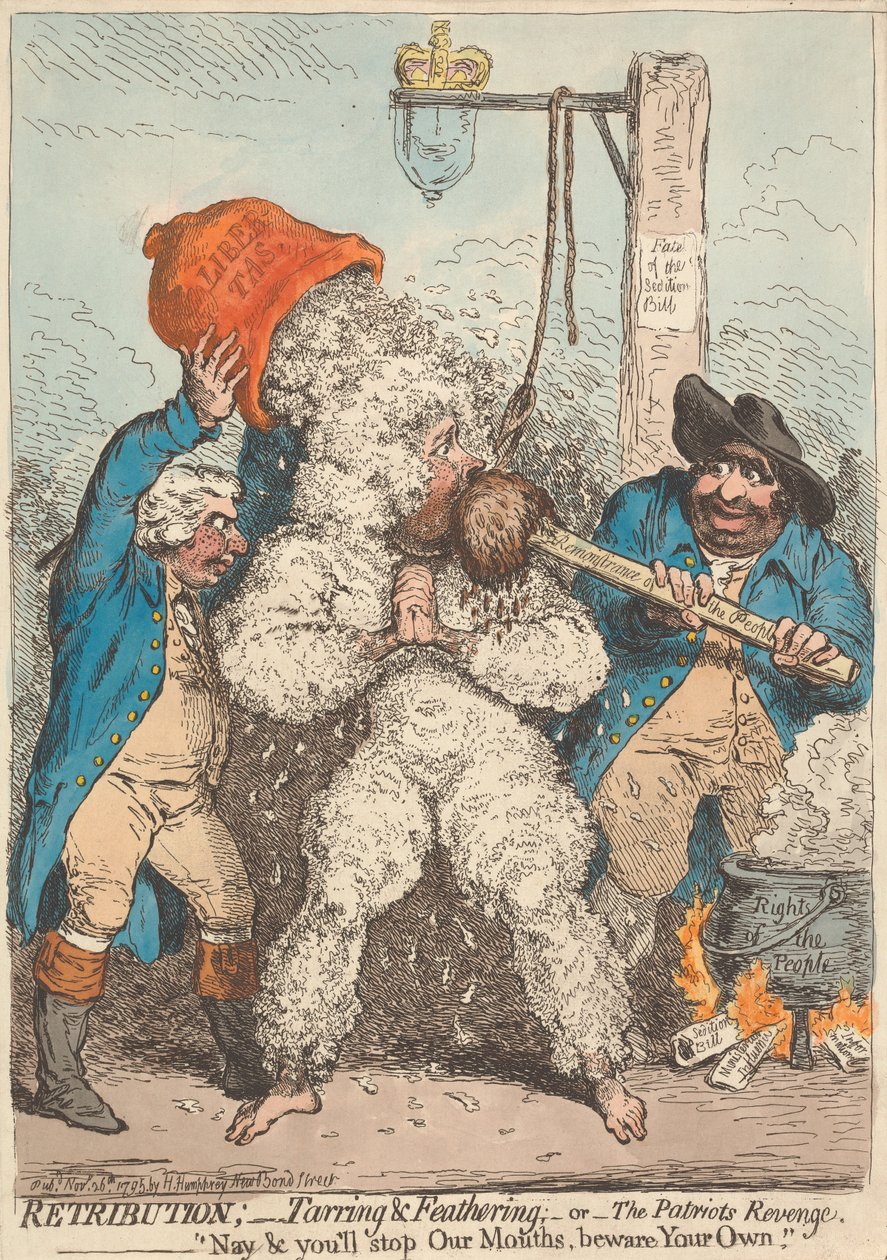 Vergelding - met pek en veren - of - De wraak van de patriotten - „Nee, jullie zullen ons de mond snoeren, pas op voor die van jezelf“ door James Gillray