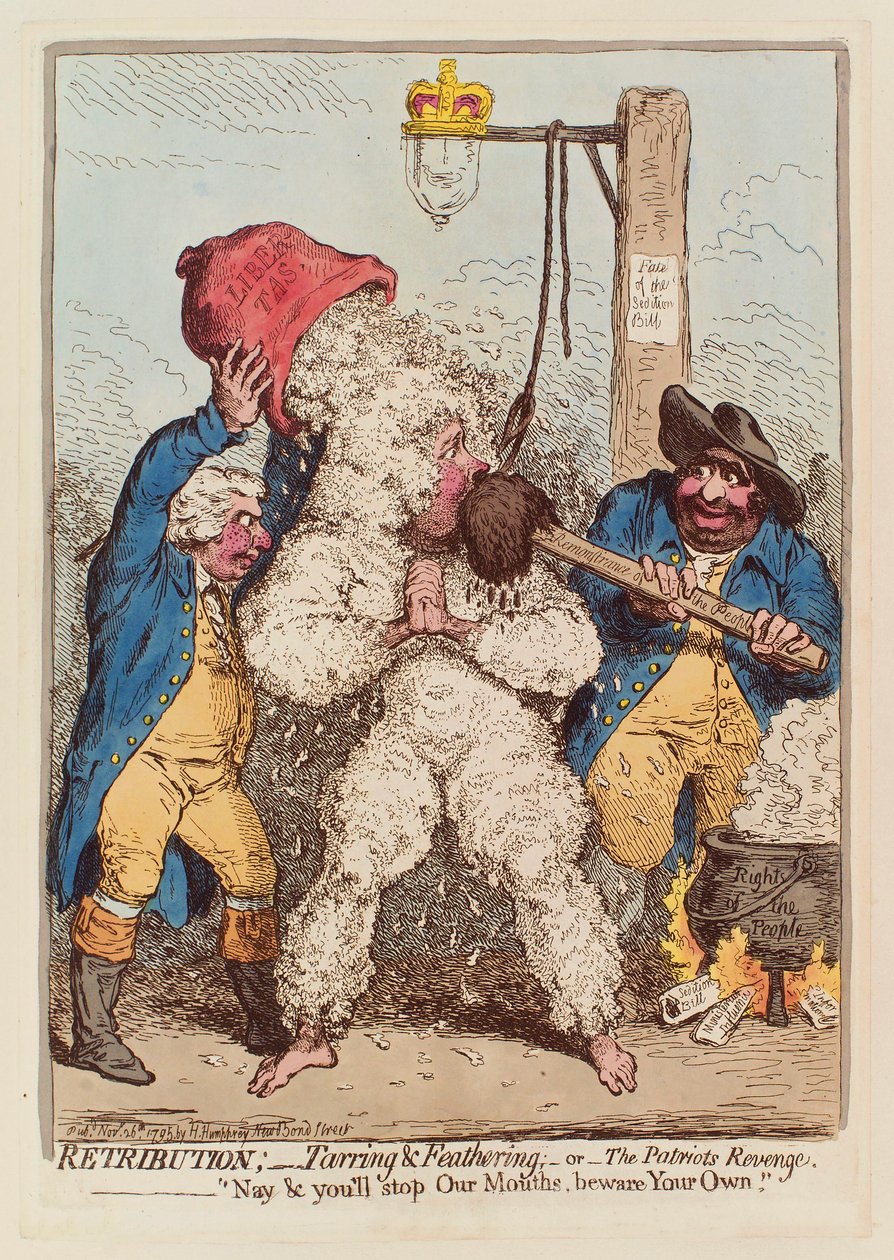 Vergelding: Teer en veren, of De wraak van de patriot, pub. 1795 door James Gillray