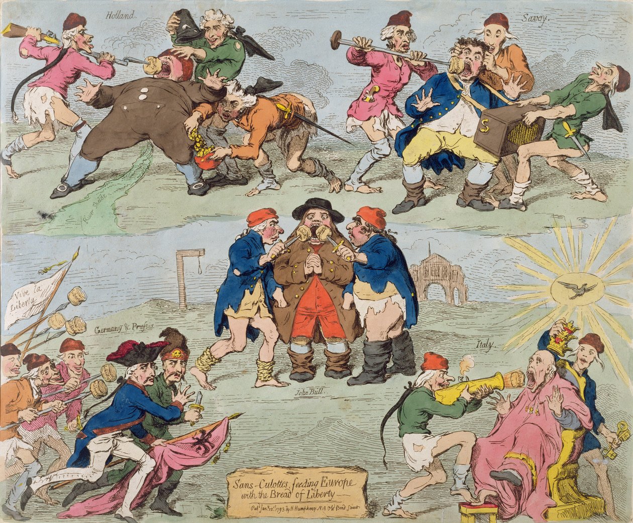 Sans-Culottes voeden Europa met het brood van vrijheid, gepubliceerd door Hannah Humphrey in 1793 door James Gillray