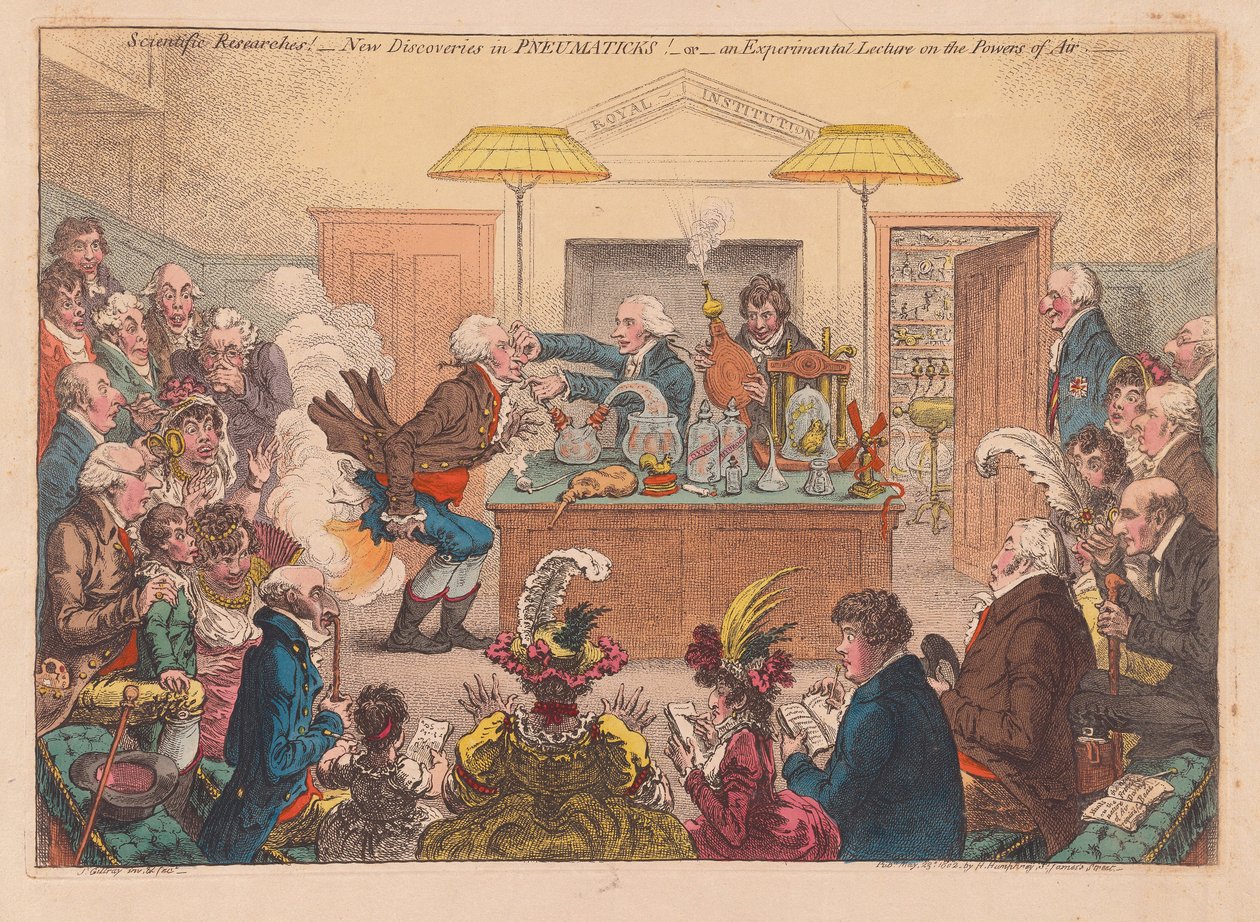 Wetenschappelijk Onderzoek! Nieuwe ontdekkingen in Pneumatica! Of een Experimentele Lezing over de Krachten van Lucht, uitgegeven 1802 door James Gillray