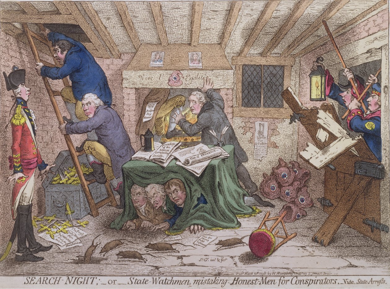 Zoeknacht, of De Staatswachters die Eerlijke Mannen voor Samenzweerders Aanzien, gepubliceerd door Hannah Humphrey in 1798 door James Gillray