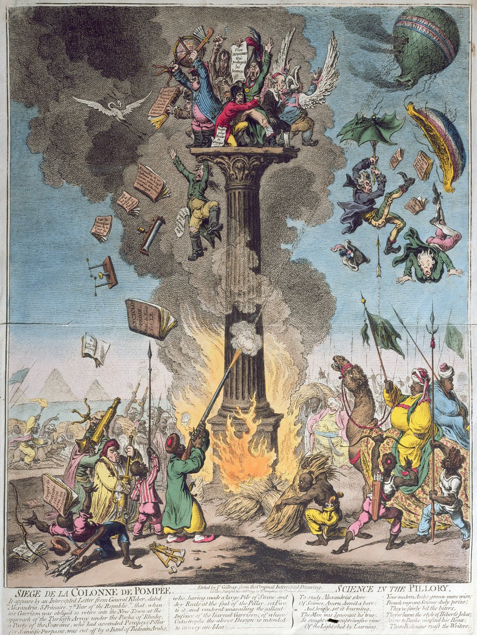 Belegering van de Pompeiuszuil, of wetenschap in de schandpaal, uitgegeven door H. Humphrey in 1799 door James Gillray
