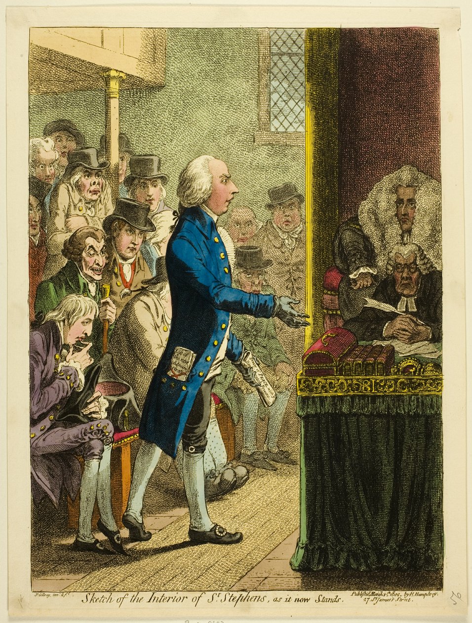 Schets van het interieur van St. Stephens, zoals het er nu uitziet door James Gillray