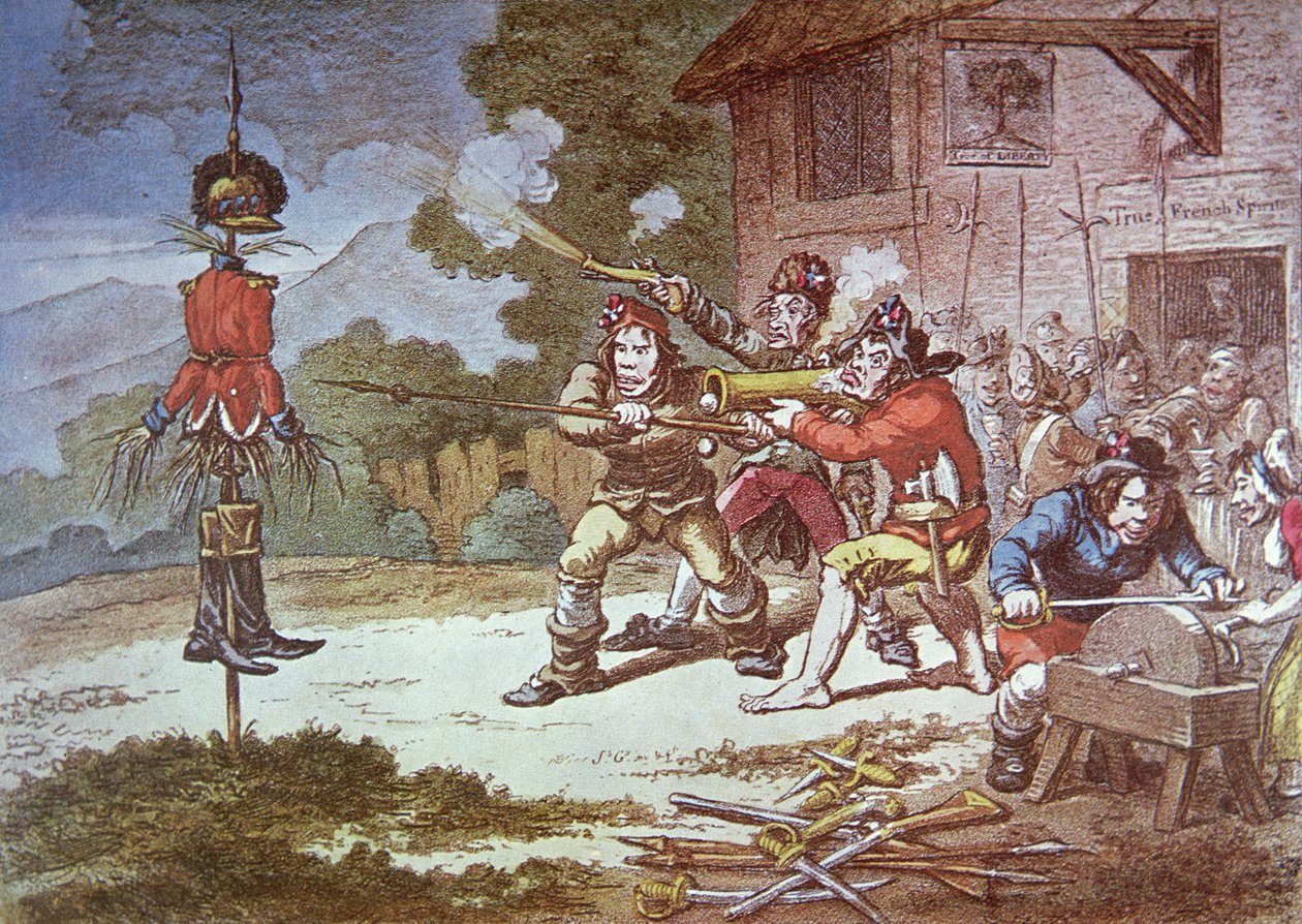 Genootschap van Verenigde Ieren in training tegen het Britse leger door James Gillray