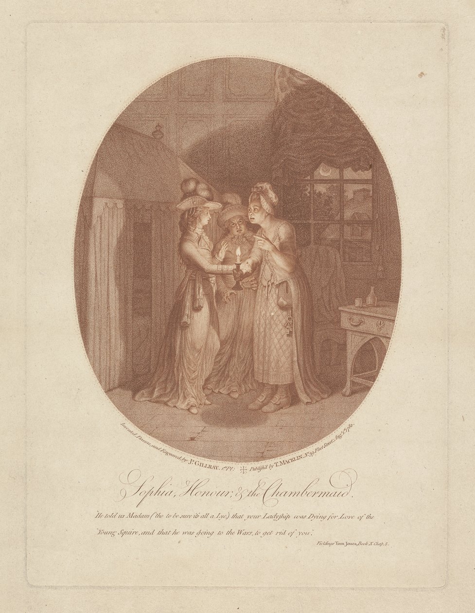 Sophia, Honour, en de Kamermeid, scène uit Tom Jones door Henry Fielding door James Gillray