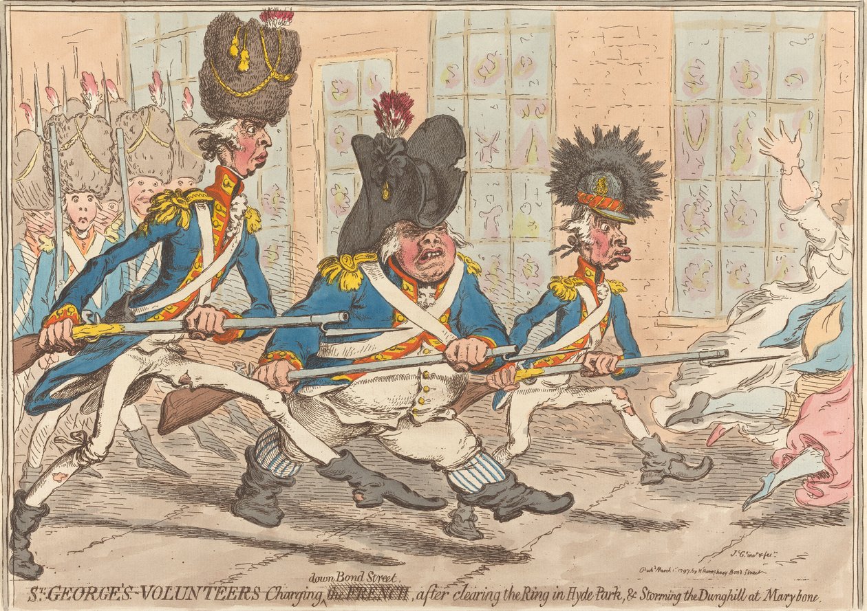 De vrijwilligers van St. George stormen door Bond Street, nadat ze de Ring in Hyde Park hebben ontruimd en de mesthoop bij Marybone hebben bestormd door James Gillray