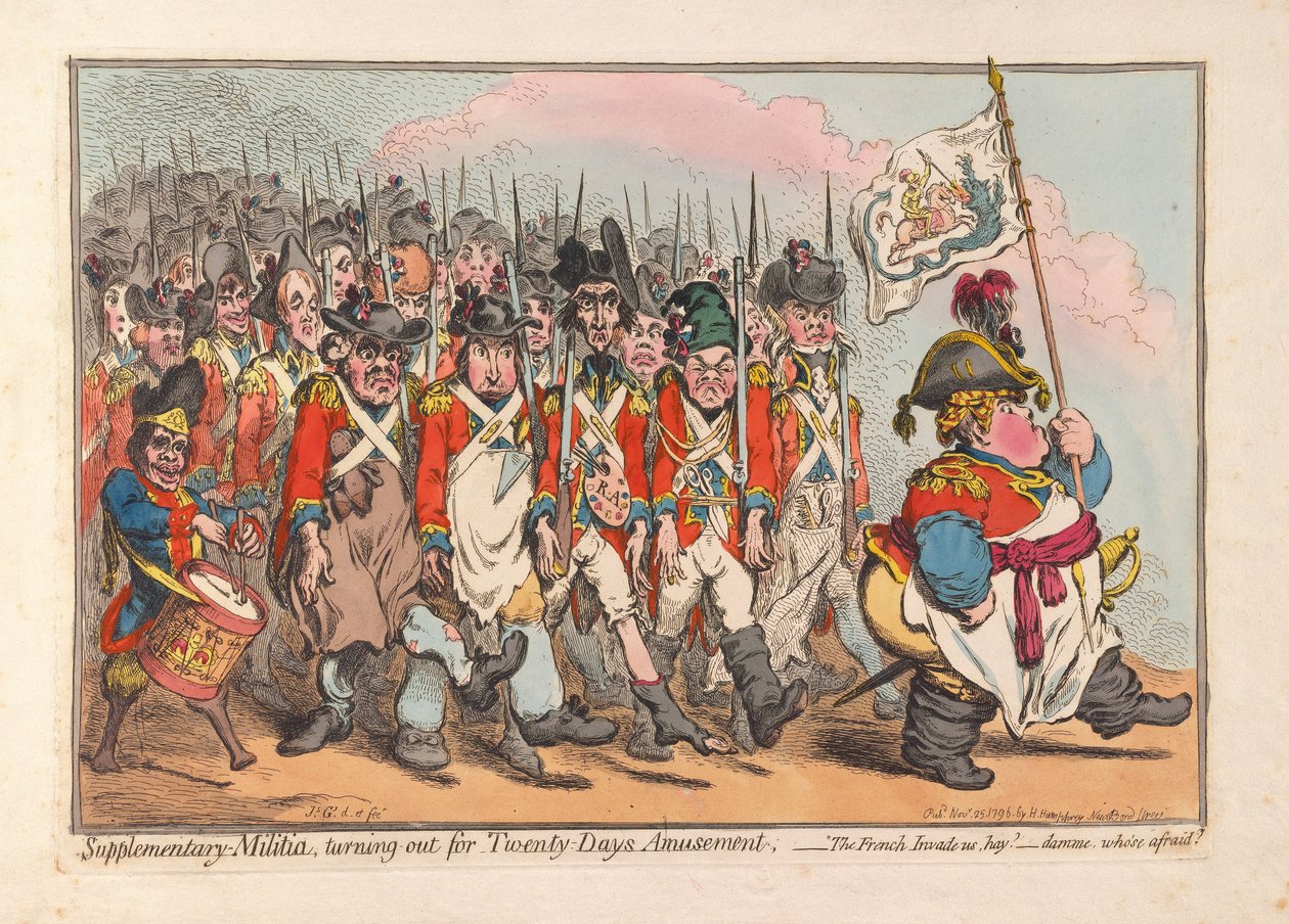 Aanvullende militie, voor twintig dagen vermaak, uitgegeven 1796 door James Gillray