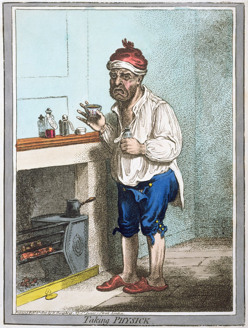Medicijn innemen, uitgegeven door Hannah Humphrey in 1800 door James Gillray