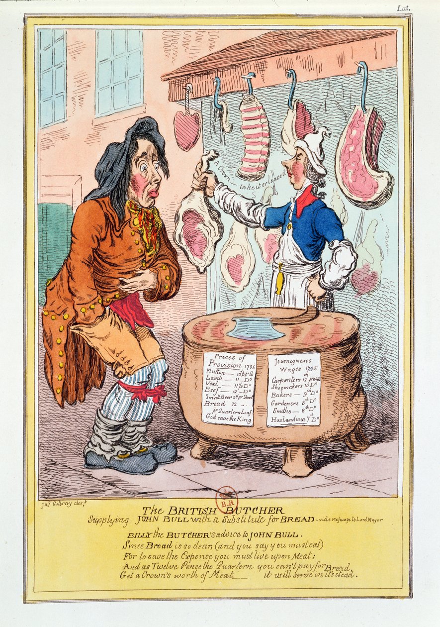 De Britse Slager die John Bull een Vervanger voor Brood Levert, 1795 door James Gillray
