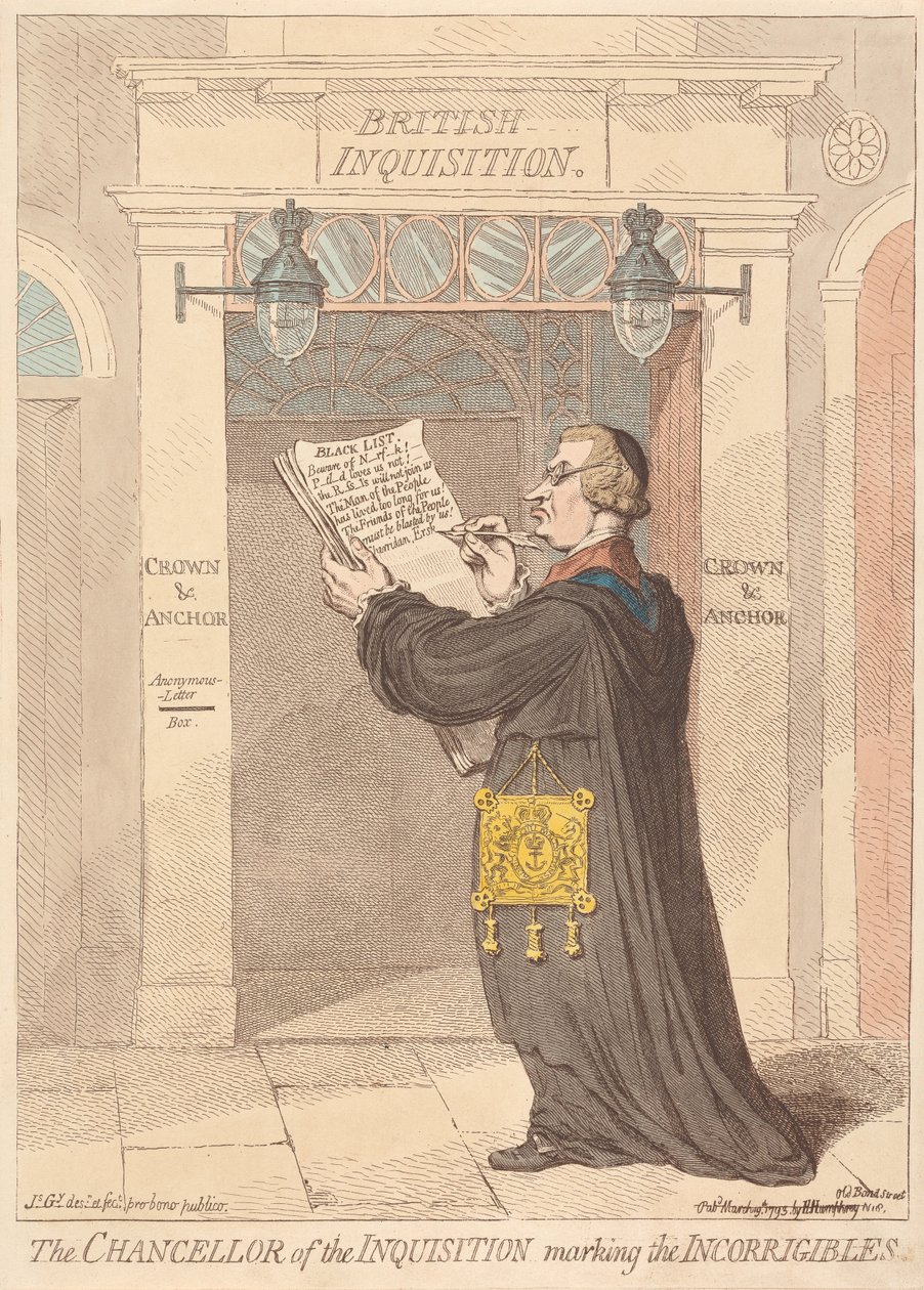 De kanselier van de Inquisitie brandmerkt de onverbeterlijken door James Gillray