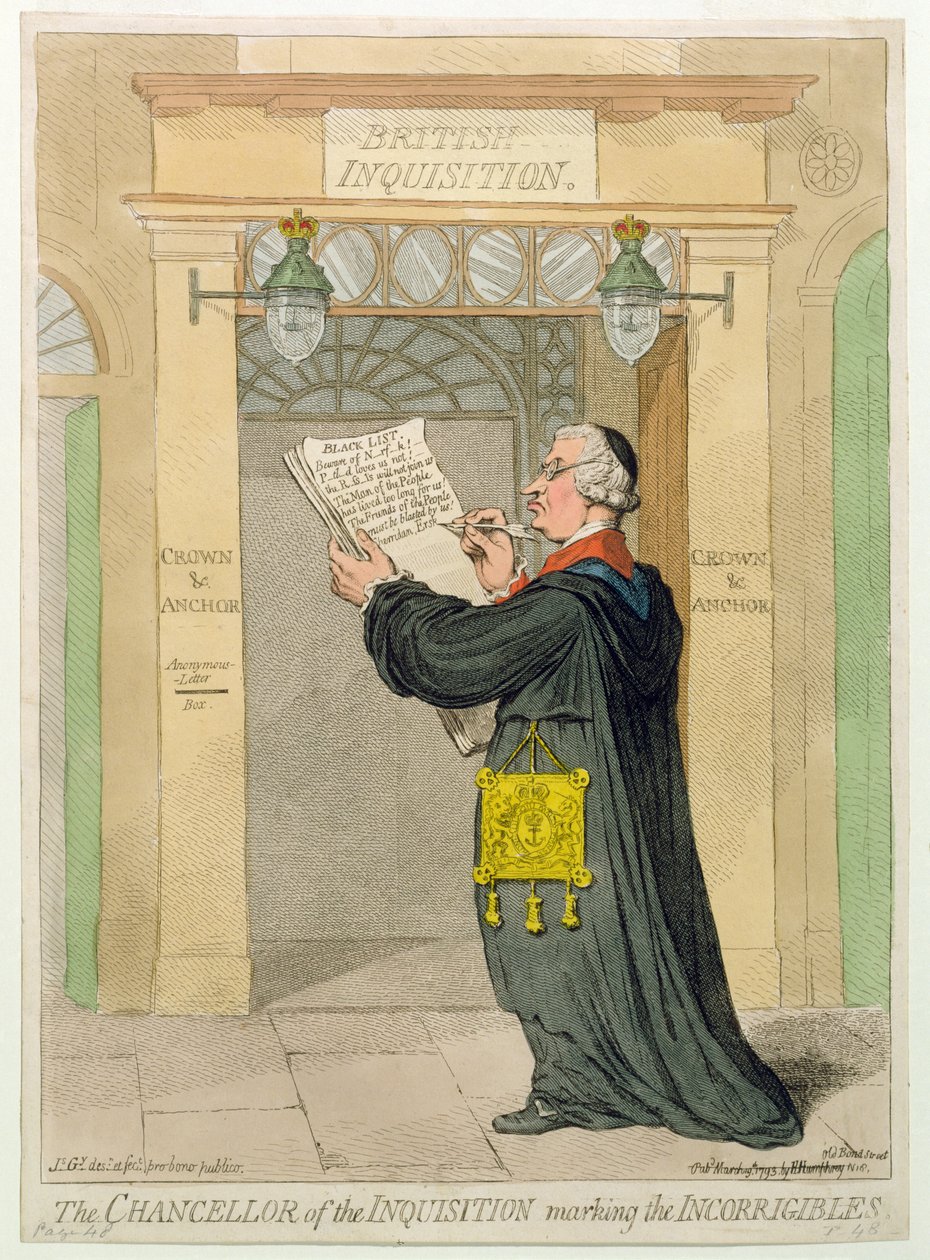 De kanselier van de inquisitie markeert de onverbeterlijken, uitgegeven door Hannah Humphrey in 1793 door James Gillray