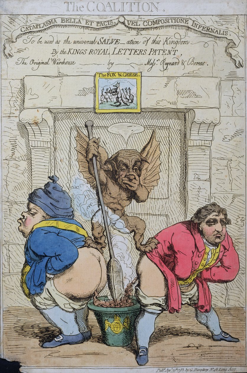 De coalitie, gepubliceerd door G. Humphrey in 1783 door James Gillray