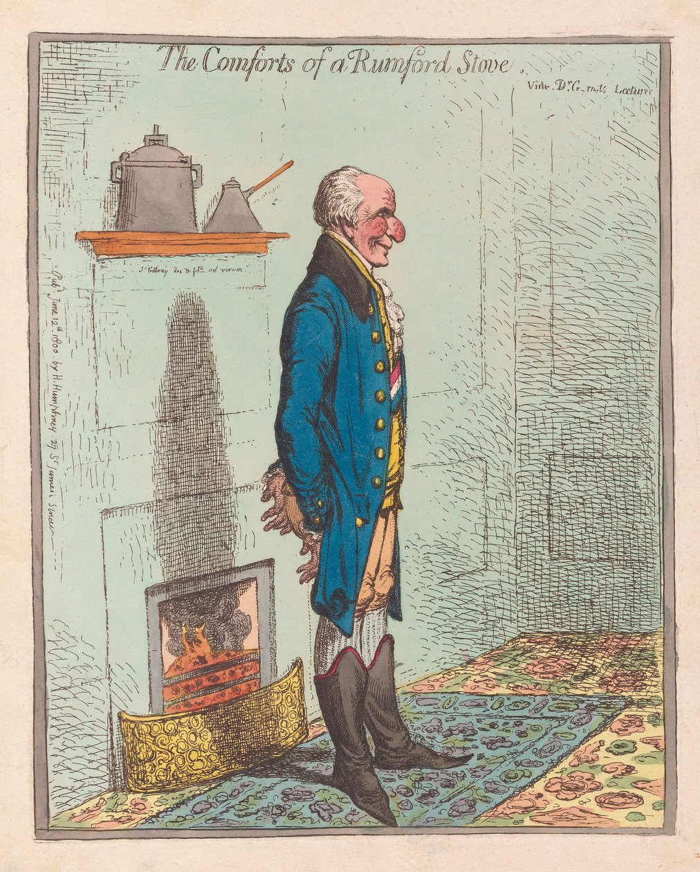Het comfort van een Rumford-kachel, uitgegeven 1800 (handgekleurde gravure) door James Gillray