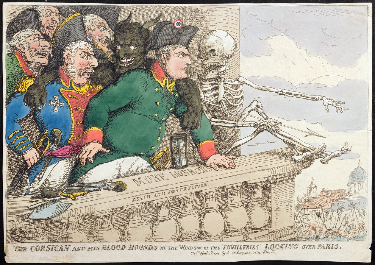 De Corsicaan en zijn Bloedhonden bij het Raam van de Tuilleries, Kijken over Parijs, gepubliceerd door Hannah Humphrey in 1815 (handgekleurde ets) door James Gillray
