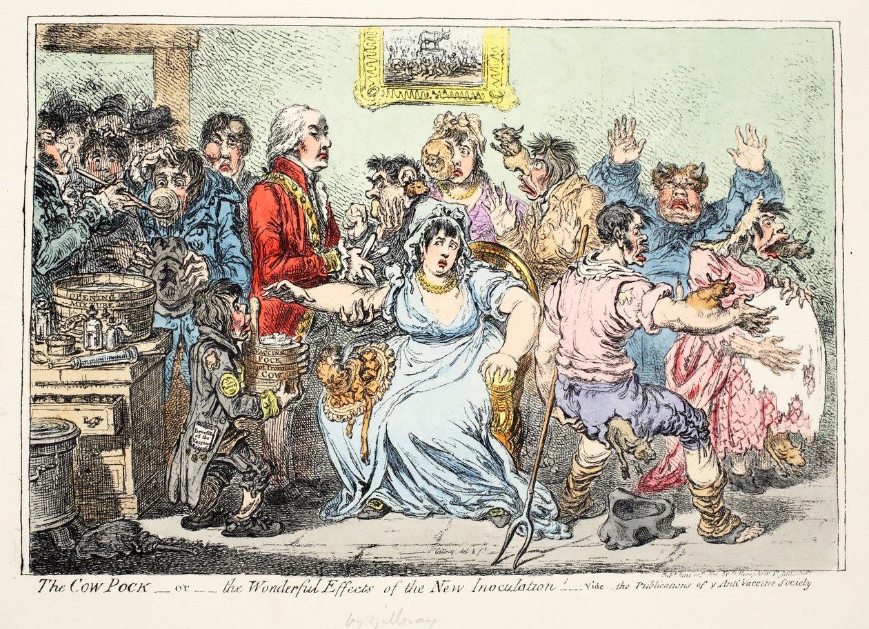 De koepok of wonderbaarlijke effecten van de nieuwe inenting! Zie de publicaties van de anti-vaccinatievereniging, uitgegeven door H. Humphreys door James Gillray