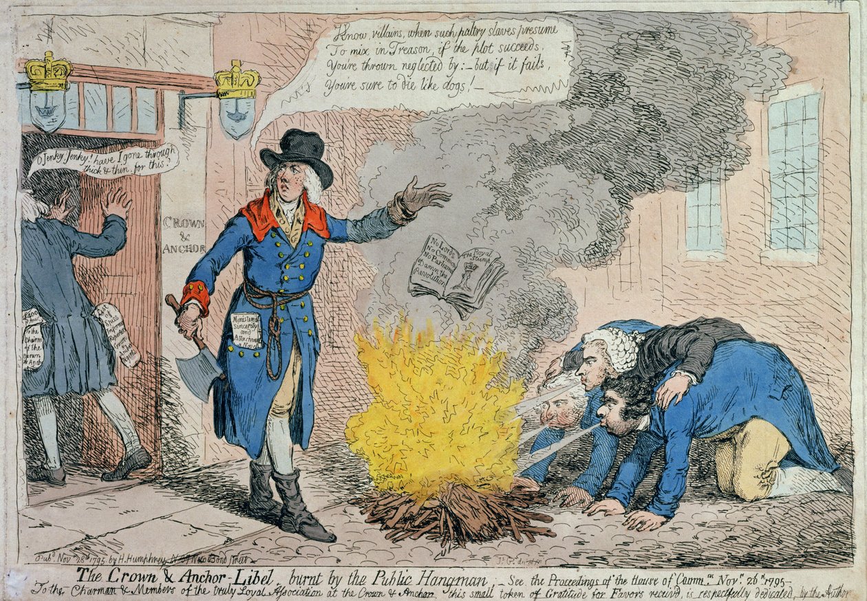 De Crown und Anchor laster verbrand door de openbare beul, uitgegeven door Hannah Humphrey in 1795 door James Gillray