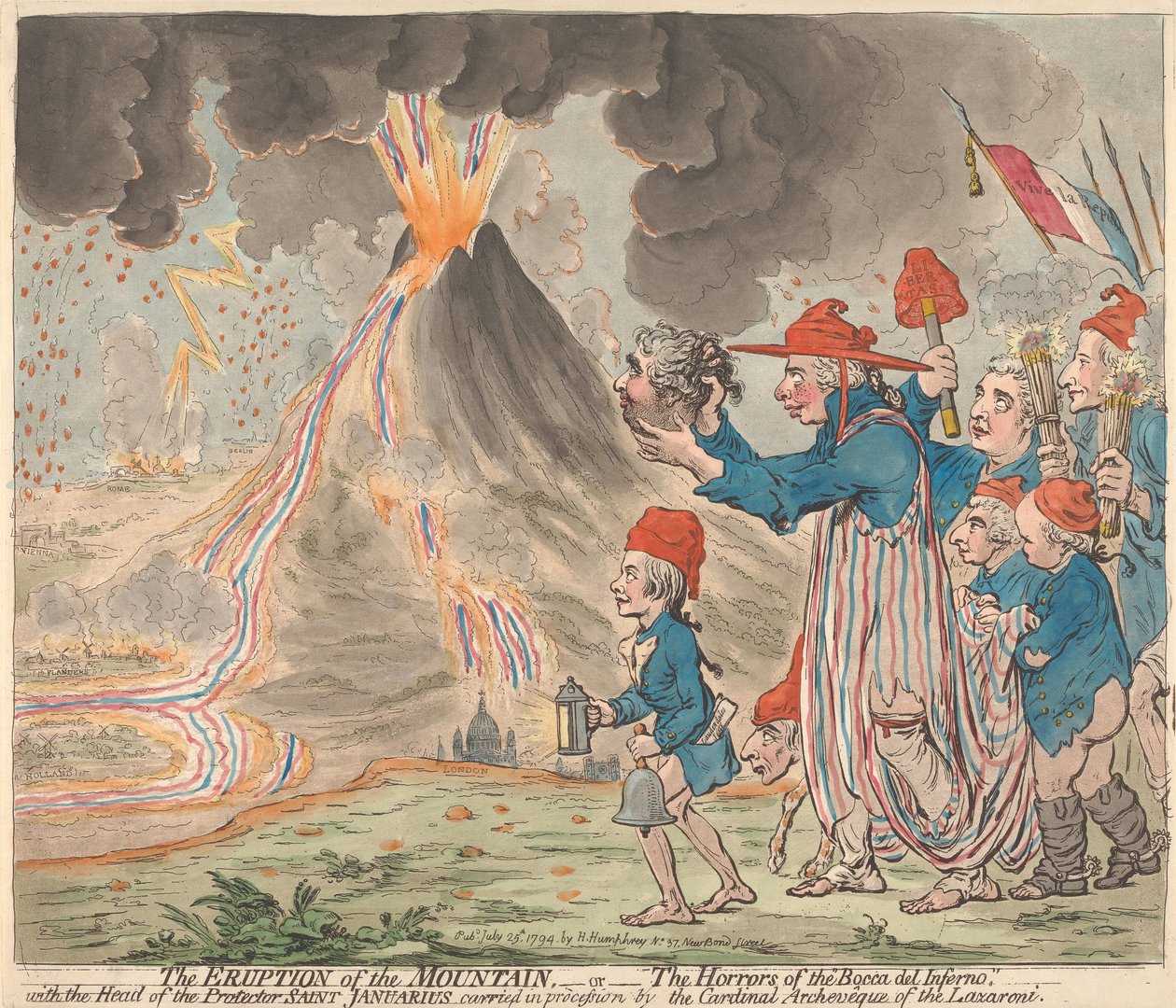 De uitbarsting van de berg - of - De verschrikkingen van de Bocca del Inferno - met het hoofd van de beschermheilige Januarius, in processies gedragen door de kardinaal-aartsbisschop van de Lazzaroni door James Gillray