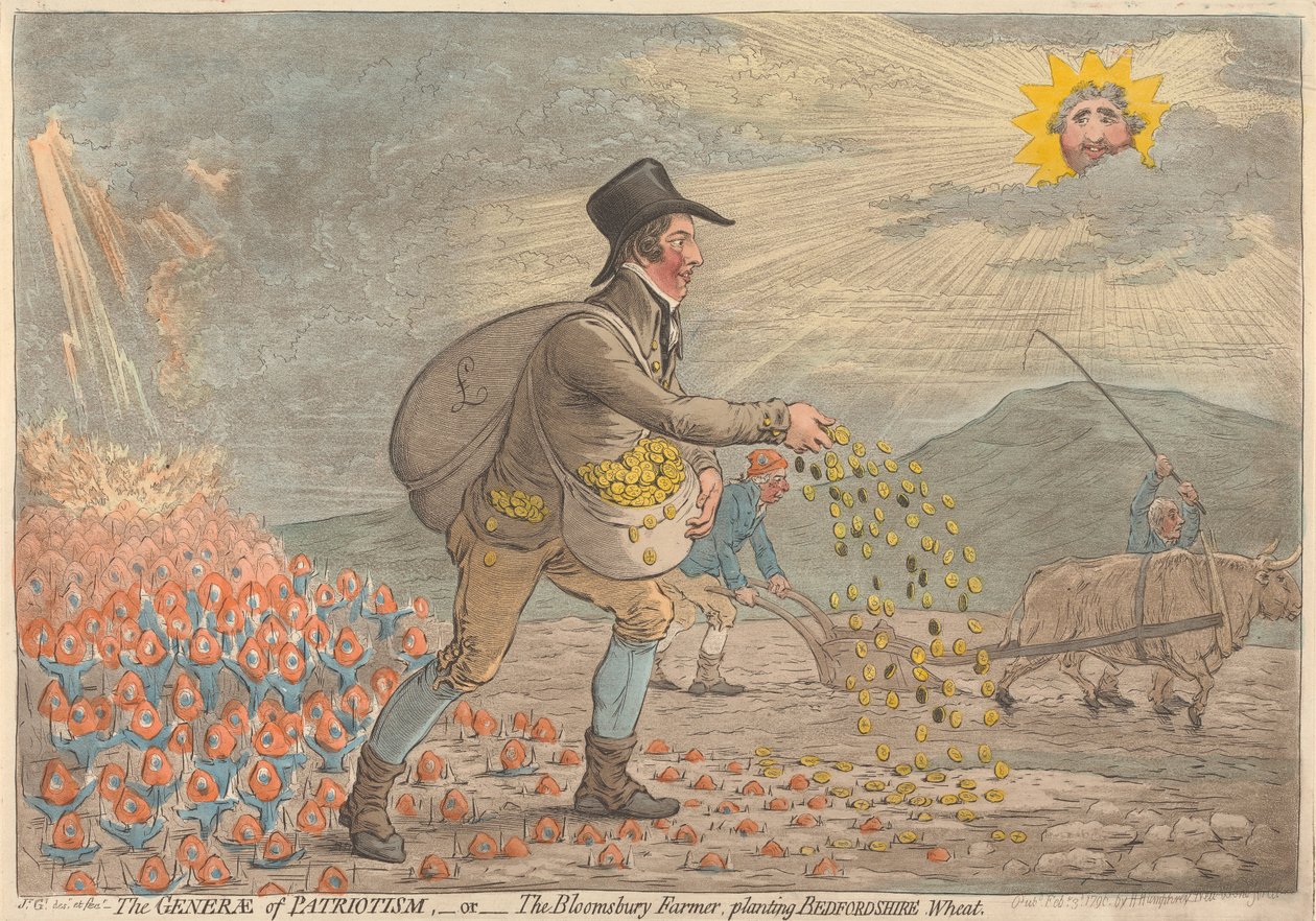 De generaal van het patriottisme - of - de boer van Bloomsbury, die tarwe uit Bedfordshire plant door James Gillray