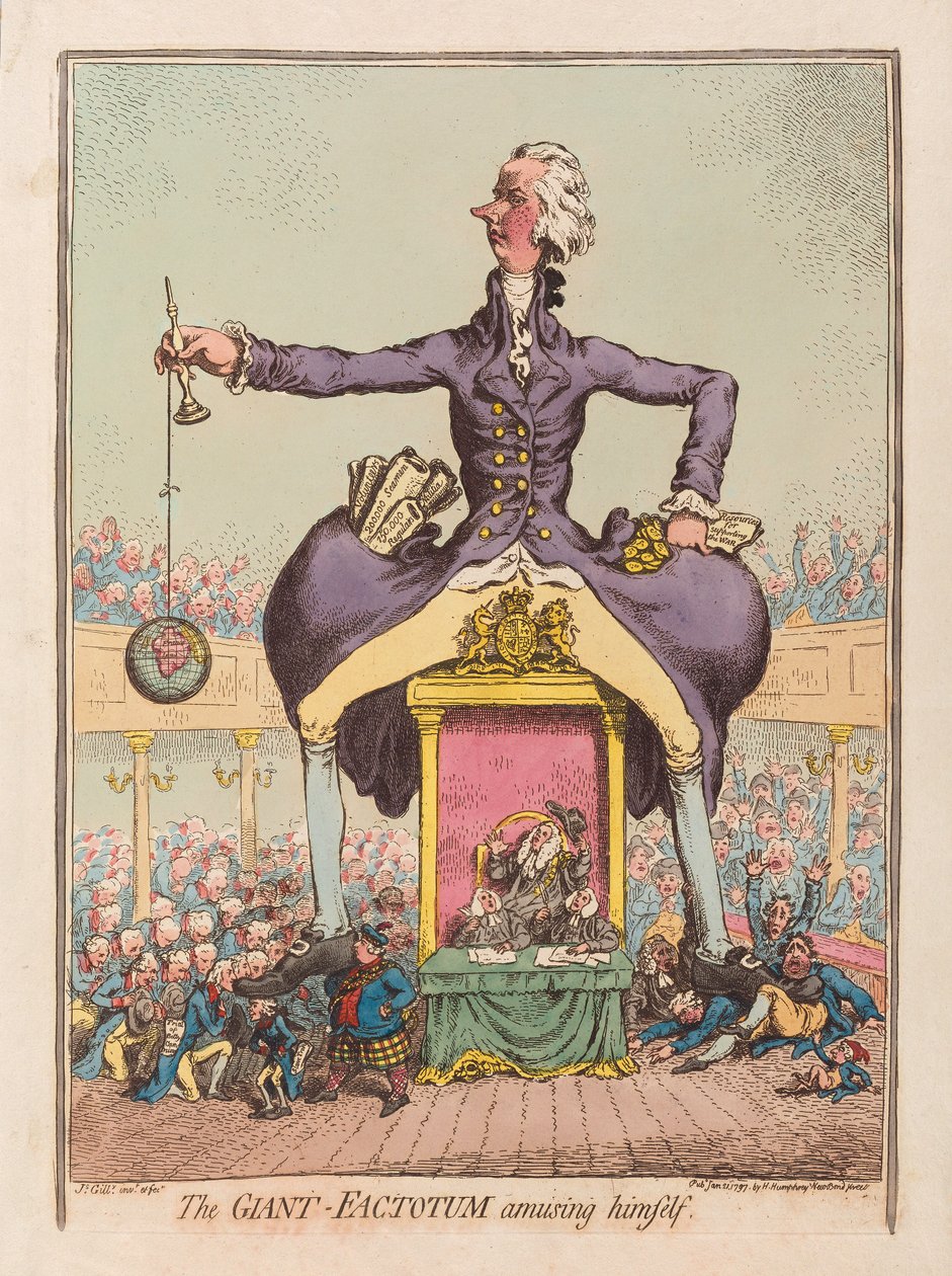 De reus Factotum die zichzelf vermaakt, uitgegeven 1797 door James Gillray