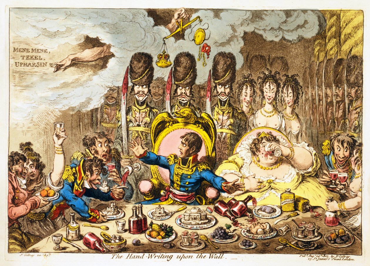 The Hand-Writing upon the Wall, gepubliceerd 1803 door James Gillray