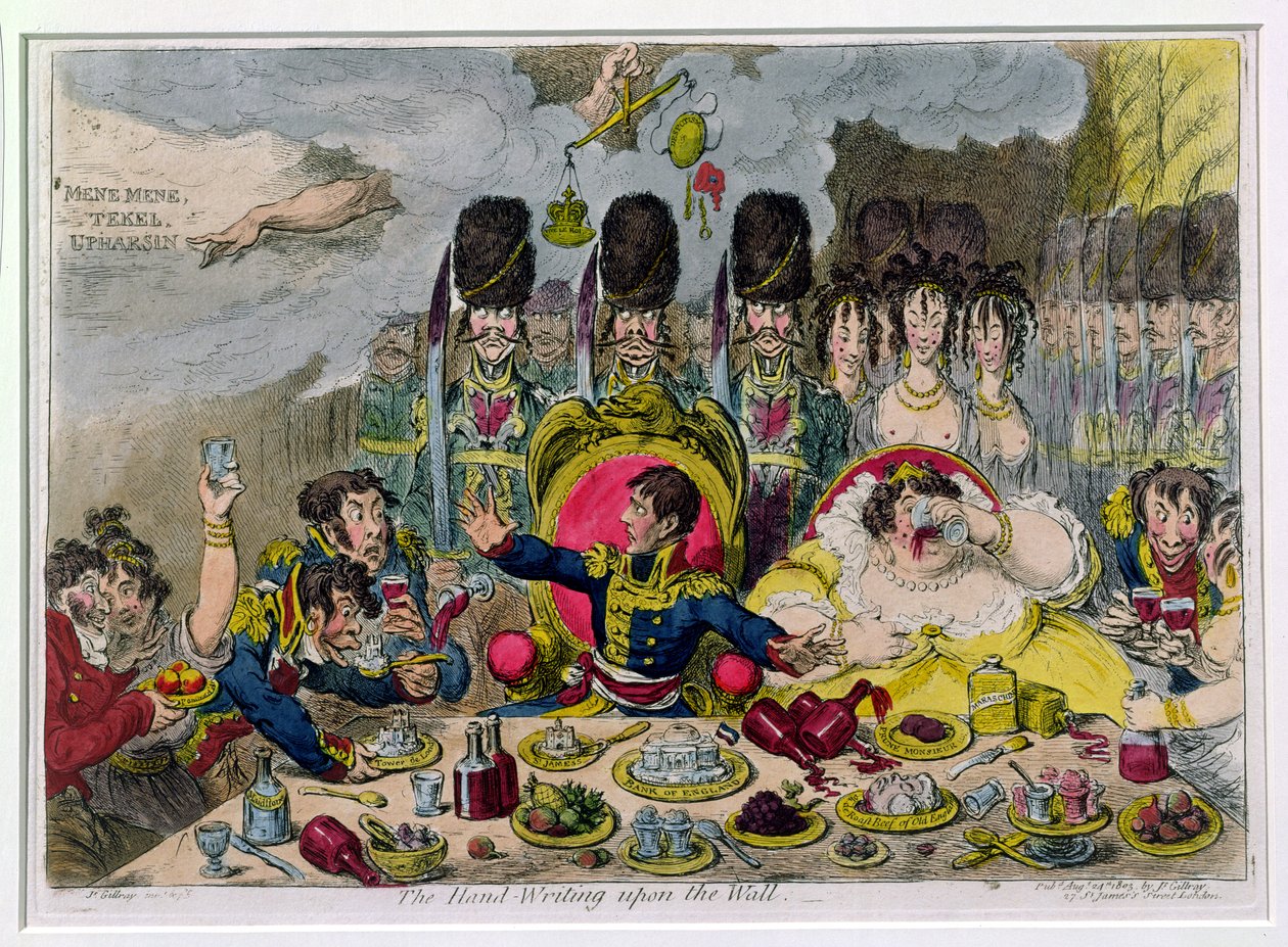 Het handschrift aan de muur, gepubliceerd door Hannah Humphrey in 1803 door James Gillray