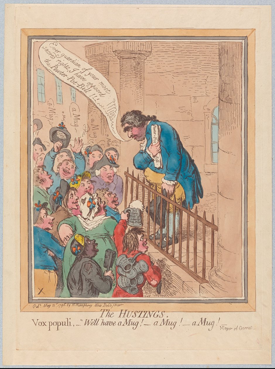 De verkiezingsbijeenkomst. Vox Populi Well have a Mug! A Mug! A Mug!, uitgegeven 1796 door James Gillray
