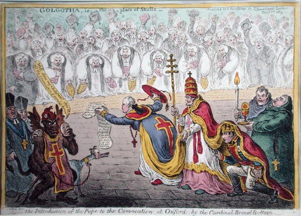 De introductie van de paus bij de convocatie in Oxford door de kardinaal Broad-Bottom, uitgegeven door Hannah Humphrey in 1809 door James Gillray