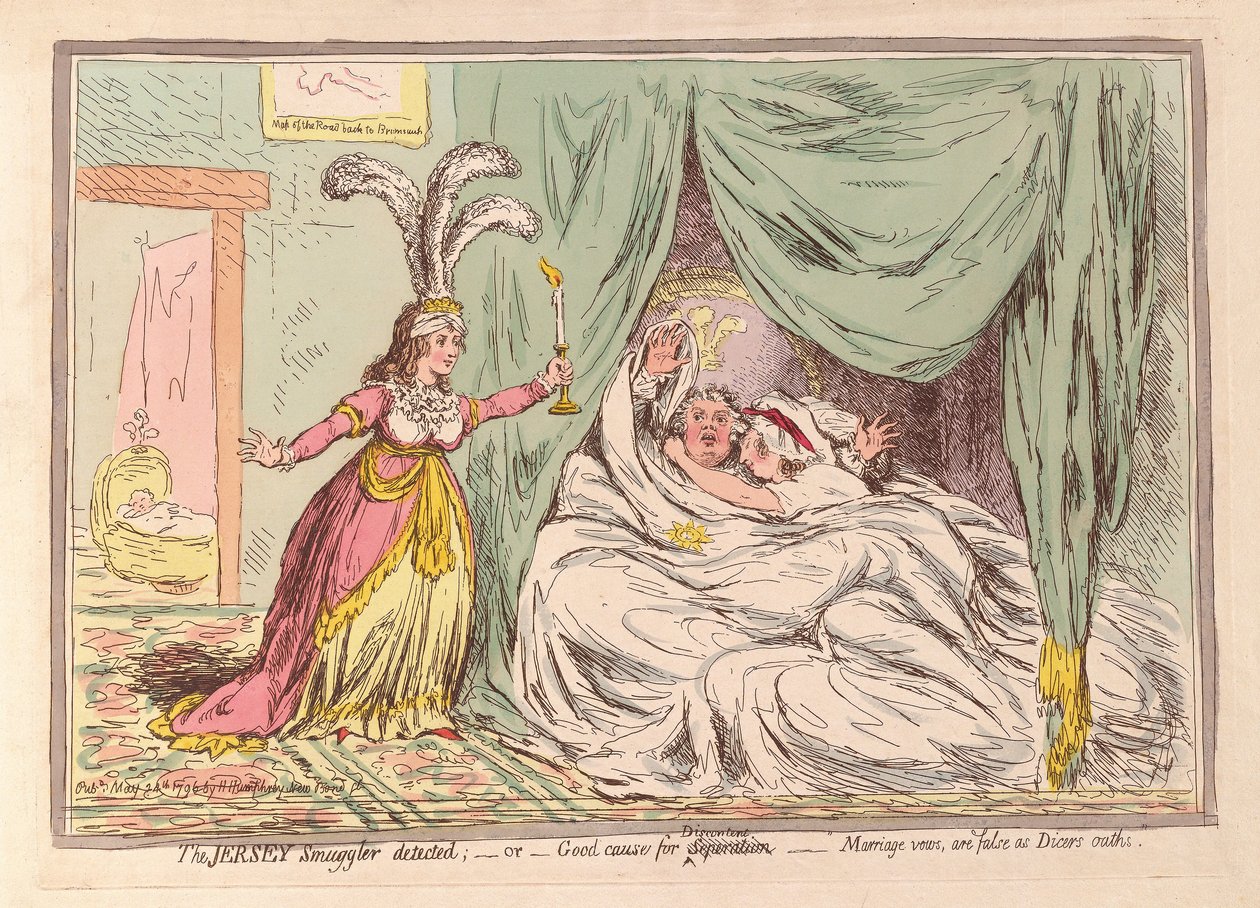 De Jersey-smokkelaar betrapt, of goede reden voor scheiding, huwelijksgeloften zijn vals als dobbelsteeneden, uitgegeven 1796 door James Gillray