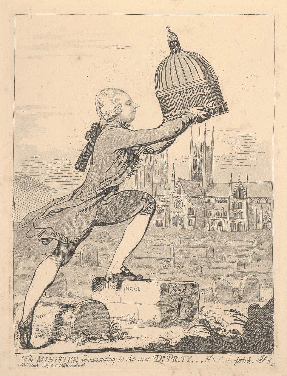 De minister die probeert Dr. Pr*ty***ns Bisho-Prick aan te vullen door James Gillray