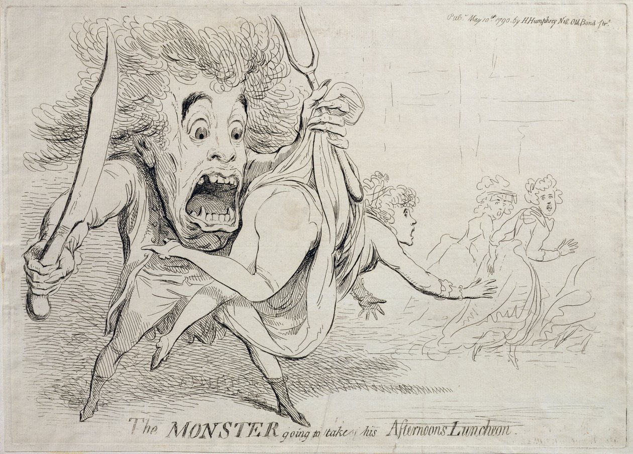 Het monster gaat zijn middagmaaltijd nemen, uitgegeven door Hannah Humphrey in 1790 door James Gillray