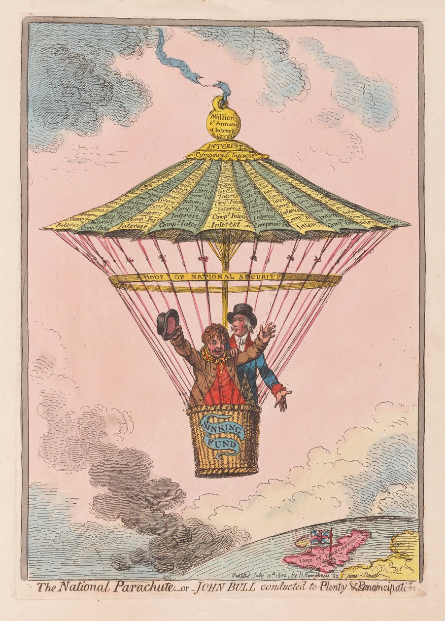 De nationale parachute of John Bull naar overvloed en emancipatie geleid, uitgegeven 1802 door James Gillray