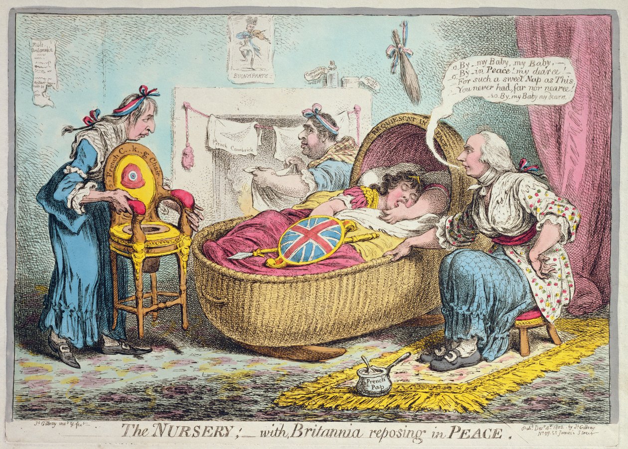 De kinderkamer! met Britannia rustend in vrede, gepubliceerd door Hannah Humphrey in 1802 door James Gillray