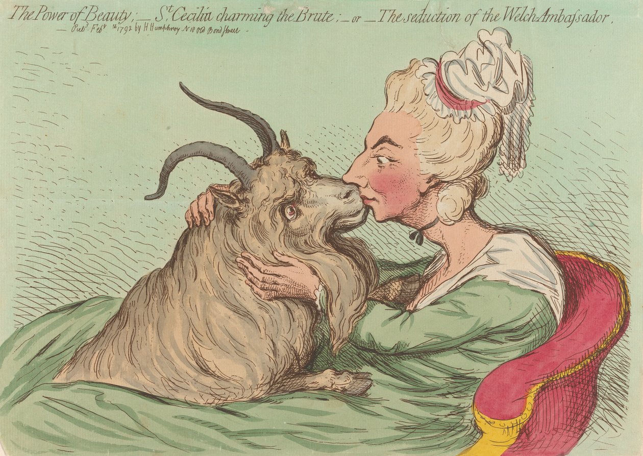 De macht van schoonheid; - Sint-Cecilia betovert het beest; - of - De verleiding van de Welshe ambassadeur (uit: Caricature, deel 2) door James Gillray