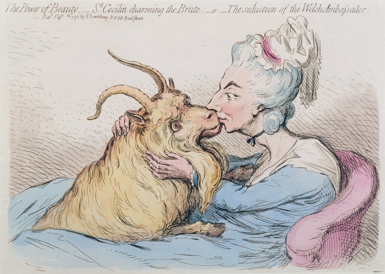 De kracht van schoonheid: St. Cecilia Charming the Brute, or The seduction of the Welch Ambassador, gepubliceerd door Hannah Humphrey in 1792 (handgekleurde ets) door James Gillray