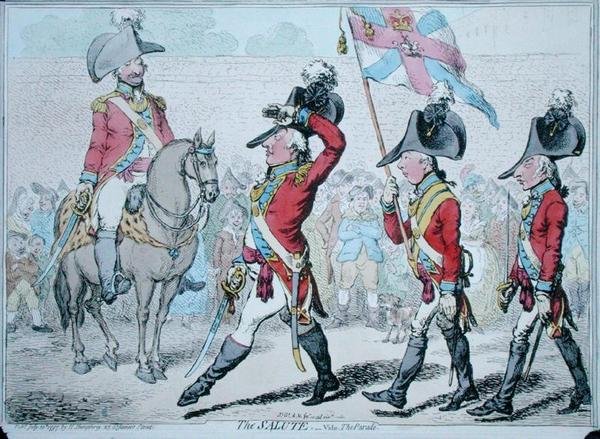 De groet, of de parade, uitgegeven door Hannah Humphrey in 1797 door James Gillray