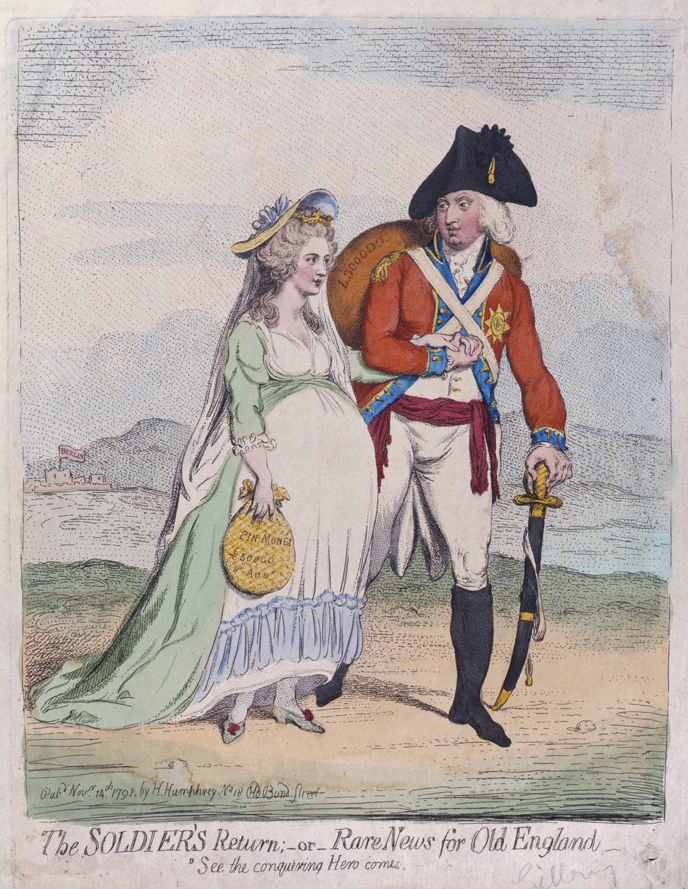 De terugkeer van de soldaten, of zeldzaam nieuws voor Oud Engeland, gepubliceerd door Hannah Humphrey in 1791 door James Gillray