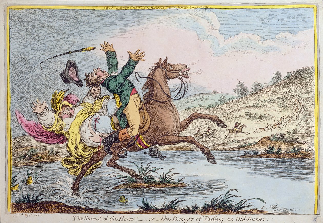 Het Geluid van de Hoorn, of Het Gevaar van het Berijden van een Oude Jager, uitgegeven door Hannah Humphrey in 1807 door James Gillray