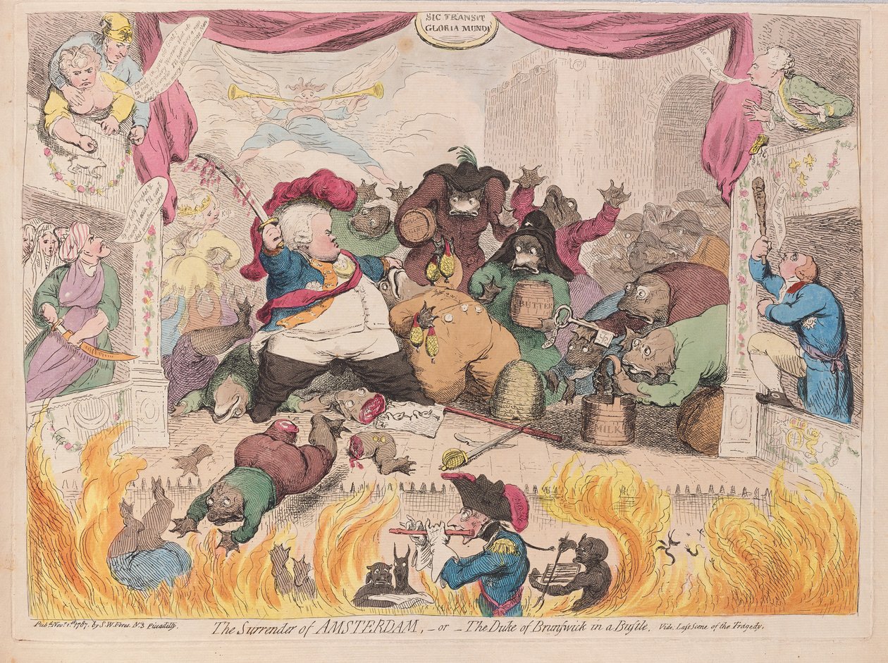 De overgave van Amsterdam of de hertog van Brunswick in een drukte, pub. 1787 door James Gillray
