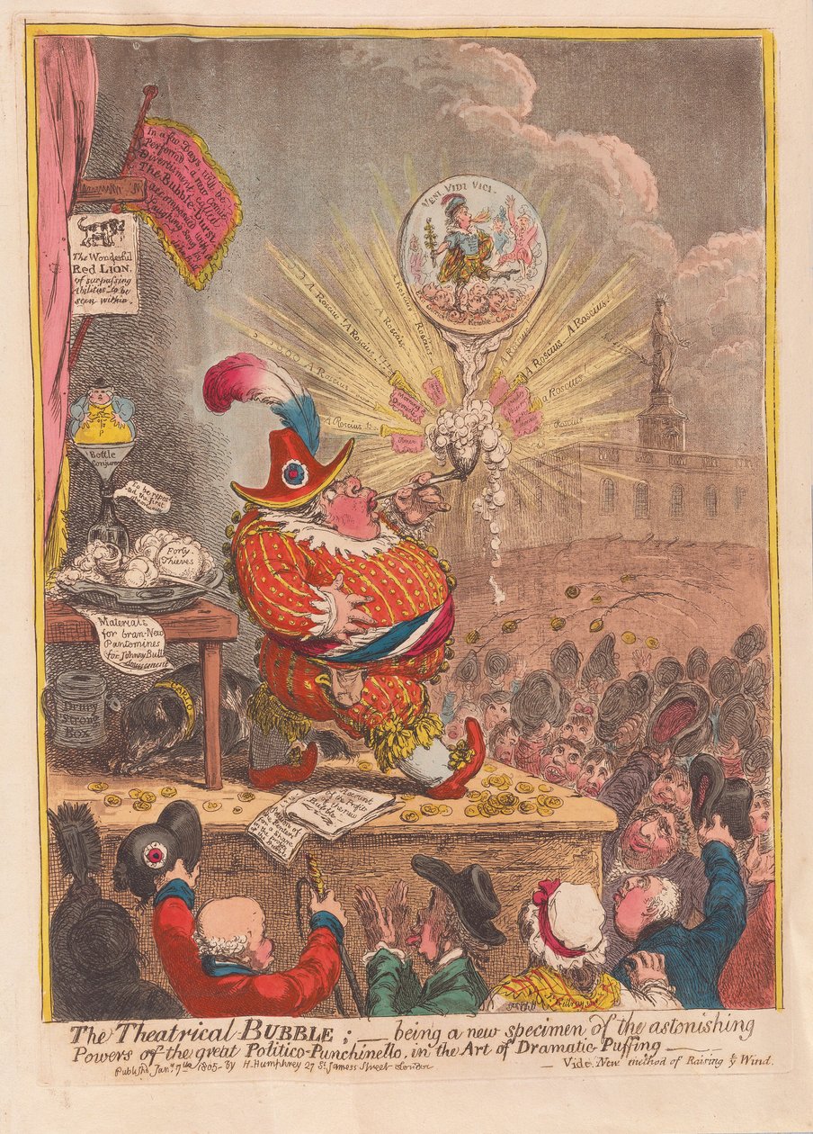 De Theatrale Zeepbel: een nieuw specimen van de verbazingwekkende krachten van de grote Politico-Punchinello in de kunst van dramatisch opblazen, uitgegeven 1805 door James Gillray