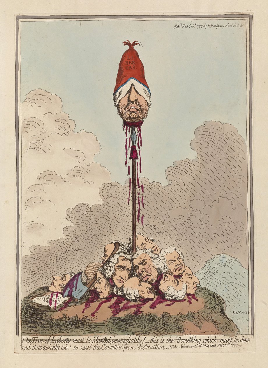De Boom van Vrijheid Moet Onmiddellijk Geplant Worden, uitgegeven 1797 (handgekleurde gravure) door James Gillray
