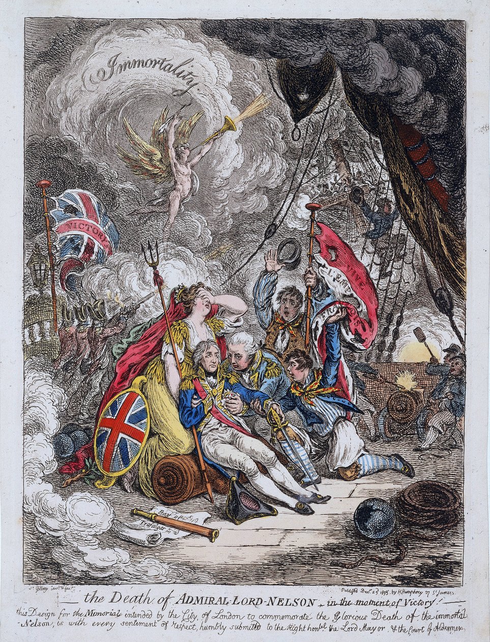 De dood van admiraal Horatio Nelson (1758-1805) op het moment van de overwinning door James Gillray