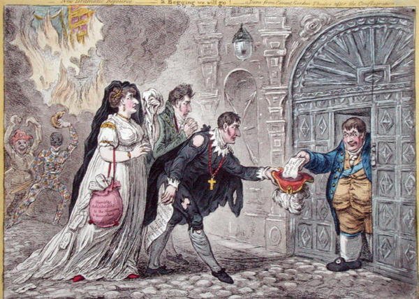 Theatrale bedelaars geholpen, gepubliceerd door Hannah Humphrey in 1809 door James Gillray