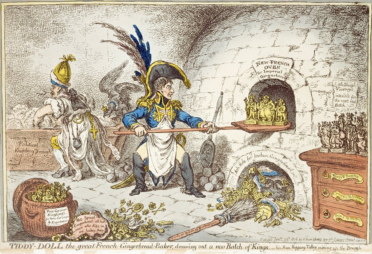 Tiddy-Doll, de Grote Franse Peperkoekmaker, die een Nieuwe Partij Koningen Uitdeelt. Zijn Man, Hopping Talley, die het Deeg Mengt door James Gillray