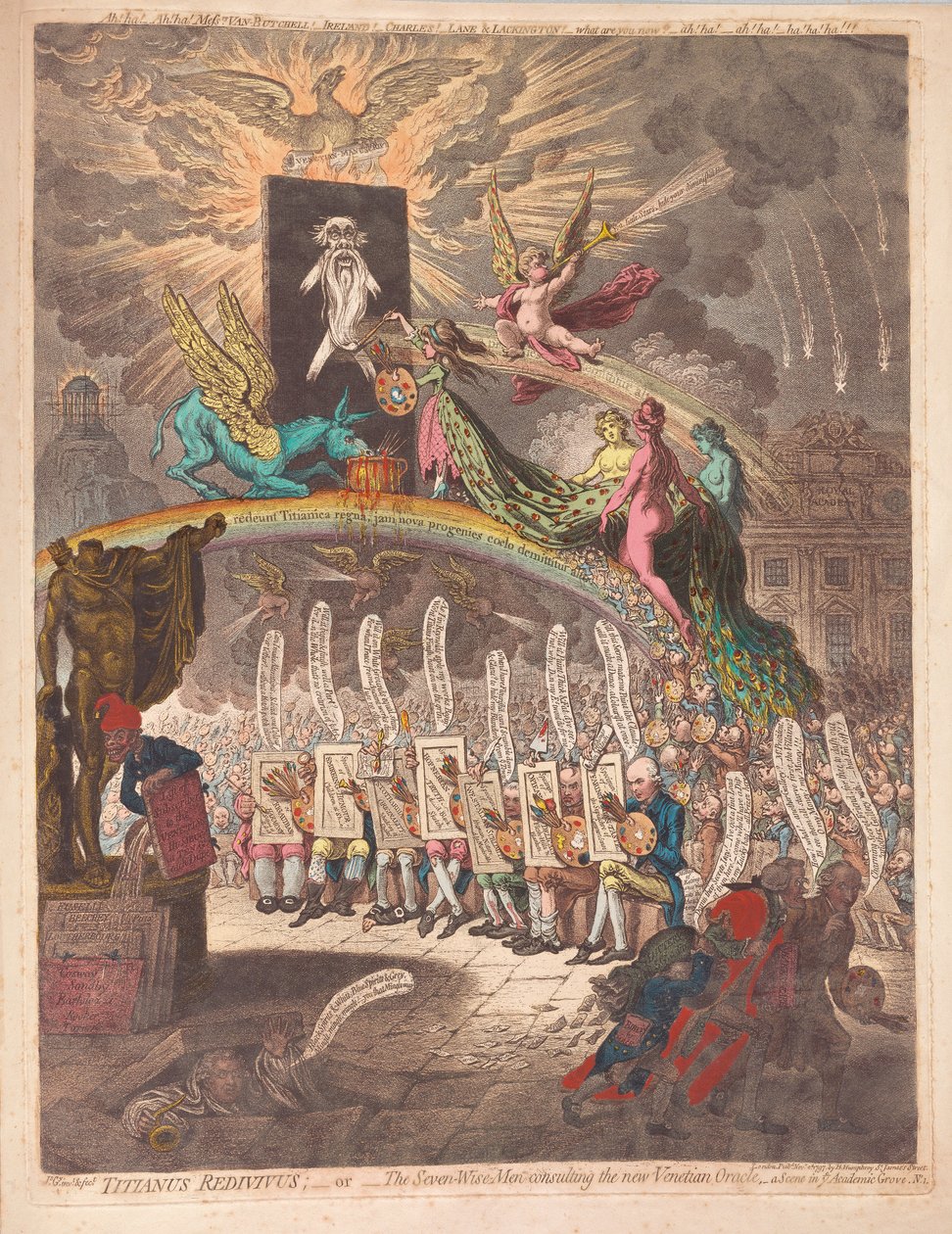 Titianus Redivivus of de Zeven Wijze Mannen die het nieuwe Venetiaanse Orakel raadplegen, een scène in Academic Grove Nr.1, uitgegeven 1797 door James Gillray