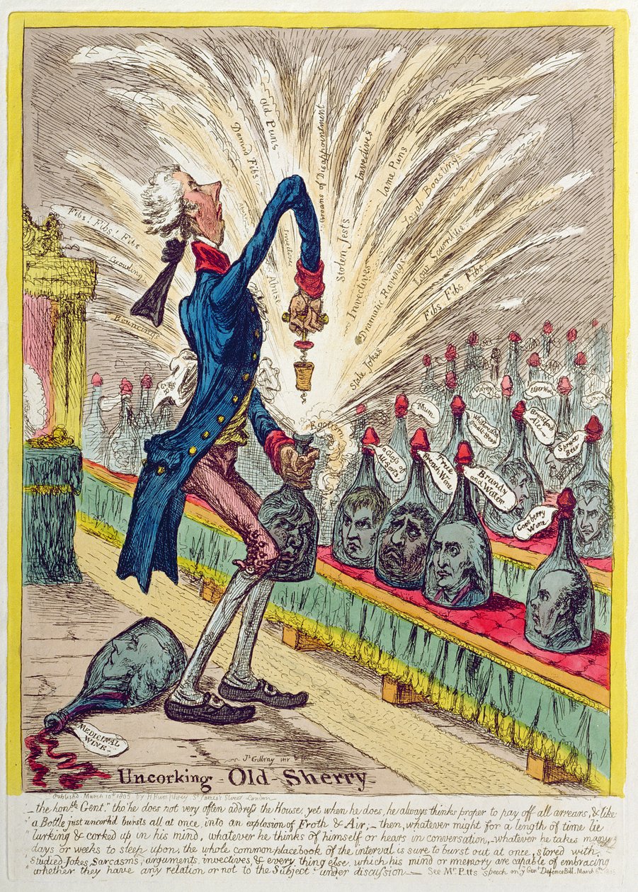 Ontkurken van oude sherry, uitgegeven door Hannah Humphrey in 1805 door James Gillray