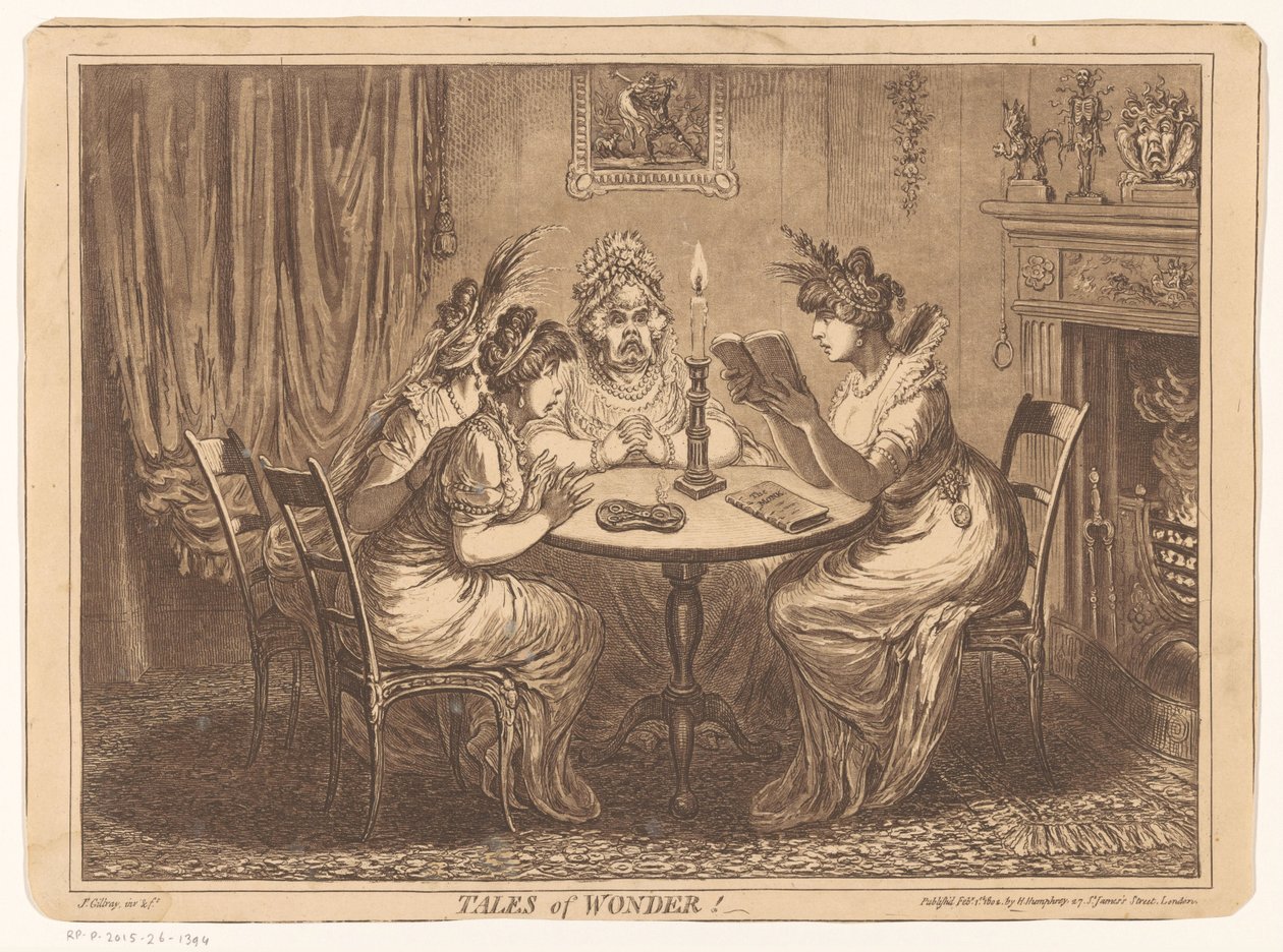 Vrouw leest een griezelroman voor door James Gillray