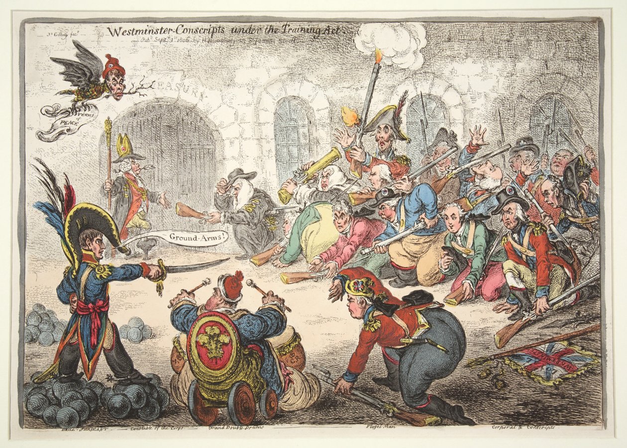 Westminster-rekruten onder de trainingswet, 1806 (handgekleurde gravure) door James Gillray