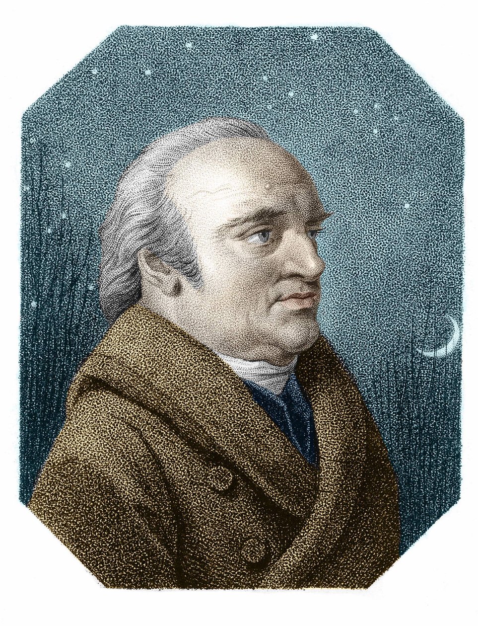 Portret van William Herschel (1738 - 1822) op een sterrenhemel achtergrond - uit een kopergravure door James Godby door James Godby